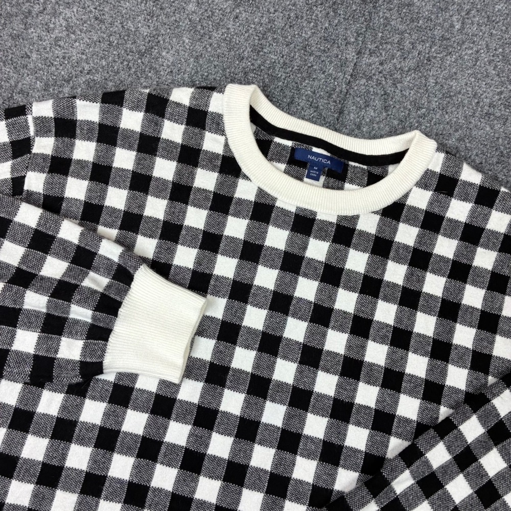 Nautica Mens Size Medium Gingham Check Crewneck Sweater Black White